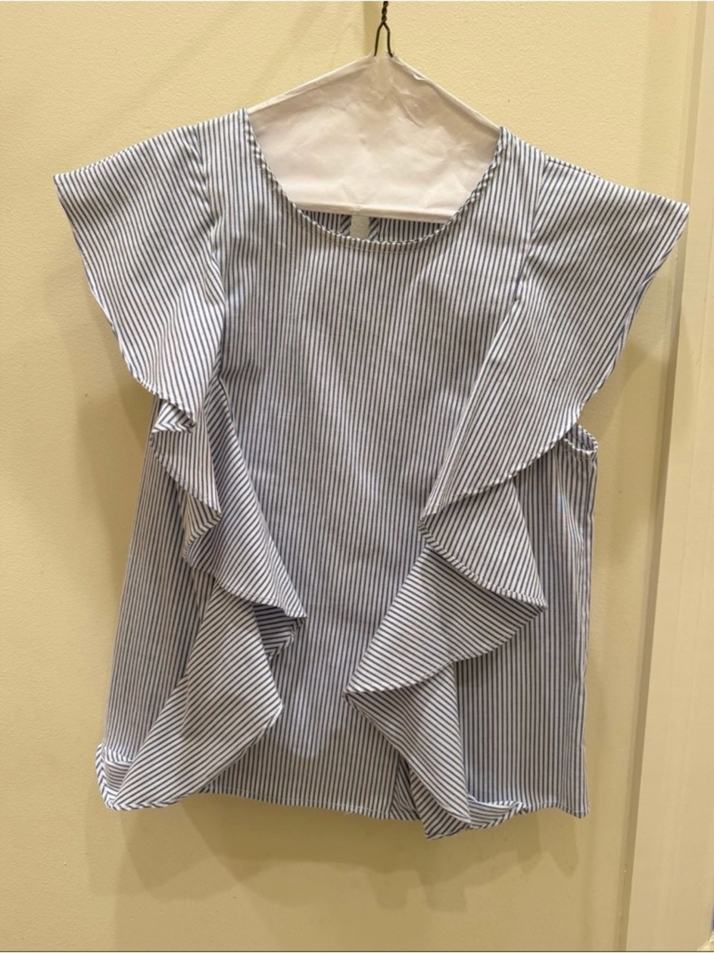 BCBG Blue and White Striped Ruffle Sleeve Top